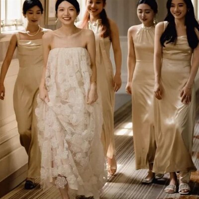 新款小众伴娘服香槟色高级感缎面晚礼服日常可穿姐妹团年会表演服