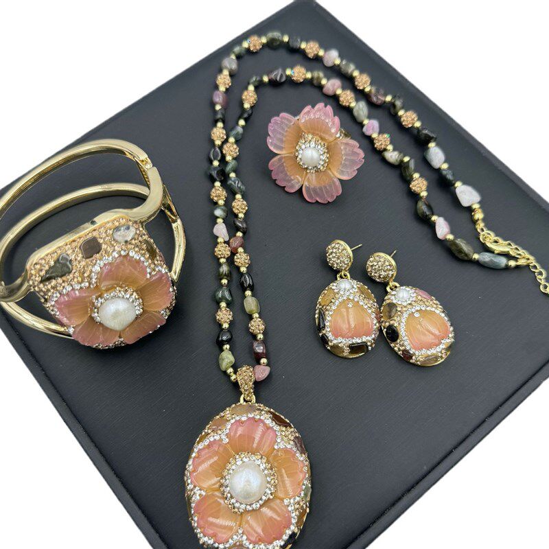 新天然碧玺镶嵌珍珠花套项链戒指耳环手链