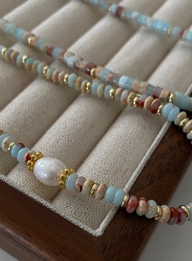 珍珠项链2024新款爆款高级感中古彩色串珠颈链女复古天然石锁骨链