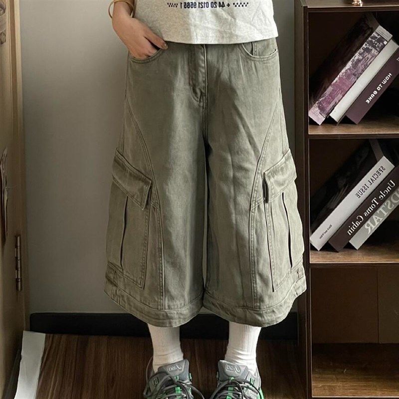 大码美式复古工装大口袋阔腿牛仔裤女2025夏季新款宽松显瘦七分裤,女装/女士精品,大码裤装,淘宝优惠券,粉丝福利购,淘宝优惠卷