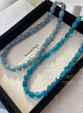 蓝色天然石串珠玉髓项链女士复古新中式轻奢高级感锁骨链脖子配饰