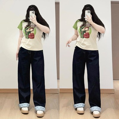 特大码女装胖mm美式复古格子拼接牛仔裤女高腰显瘦宽松直筒阔腿裤