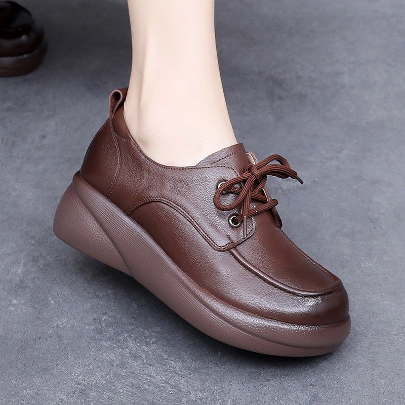 真皮厚底单鞋春秋英伦风系带妈妈鞋大码女鞋松糕底不累脚深口皮鞋,女鞋,浅口单鞋,淘宝优惠券,粉丝福利购,淘宝优惠卷