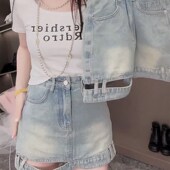 浅蓝色牛仔短裙女高腰夏季 大码 设计感遮肚子遮胯显瘦a字半身裙子