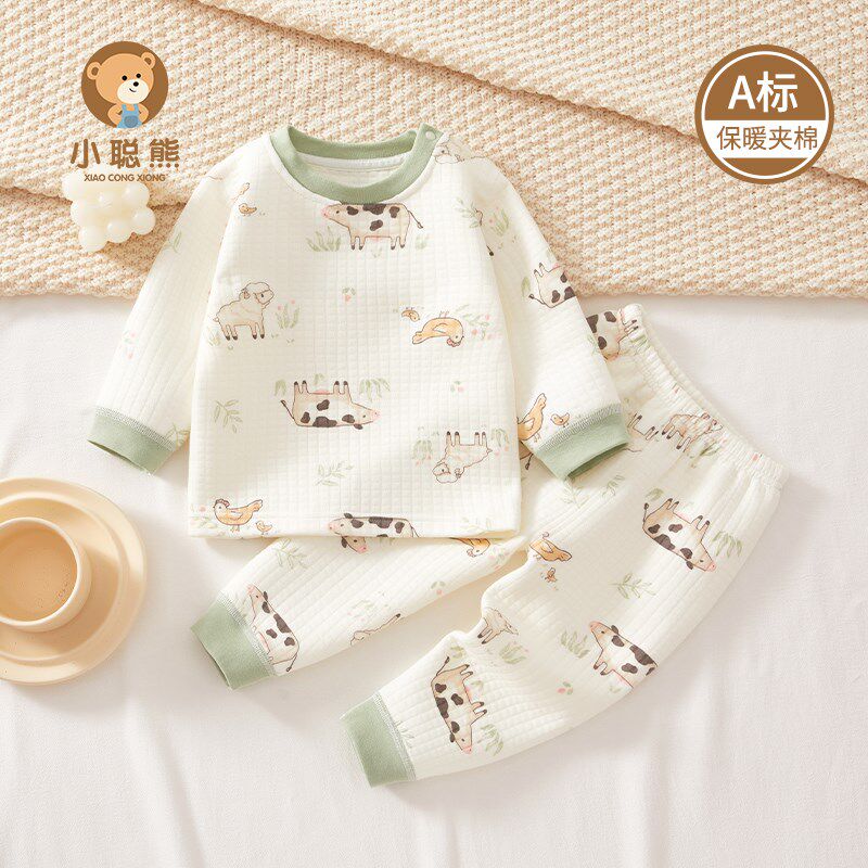 婴儿秋冬衣服夹棉保暖分体套装宝宝冬季内衣两件套a类纯棉冬装男8