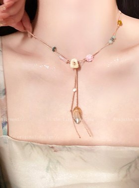 新中式玫瑰编织绳项链女复古百搭时尚个性配饰可抽拉小众锁骨链潮