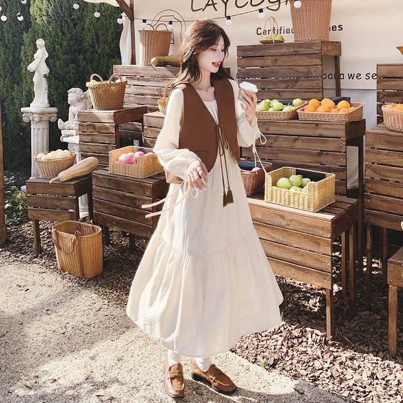 法式连衣裙套装女2025春秋新款温柔风复古马甲气质白色长裙两件套,女装/女士精品,连衣裙,淘宝优惠券,粉丝福利购,淘宝优惠卷