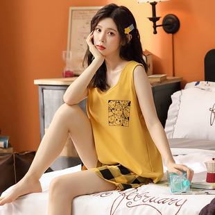 大码背心睡衣女夏纯棉薄款短裤无袖可外穿全棉宽松夏天家居服套装