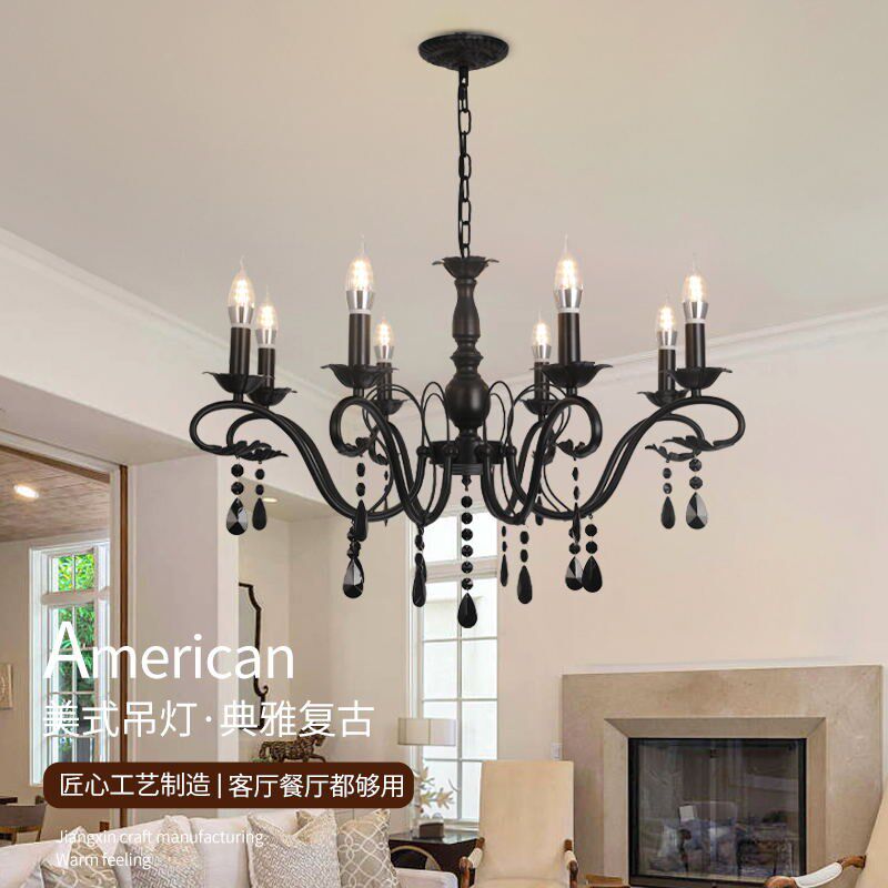 美式简约黑色铁艺水晶吊灯后现代客厅餐厅卧室创意法式服装店灯具