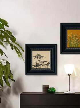 新中式客厅装饰画法式混搭墨竹中古风壁画玄关书房黑色方形小框画