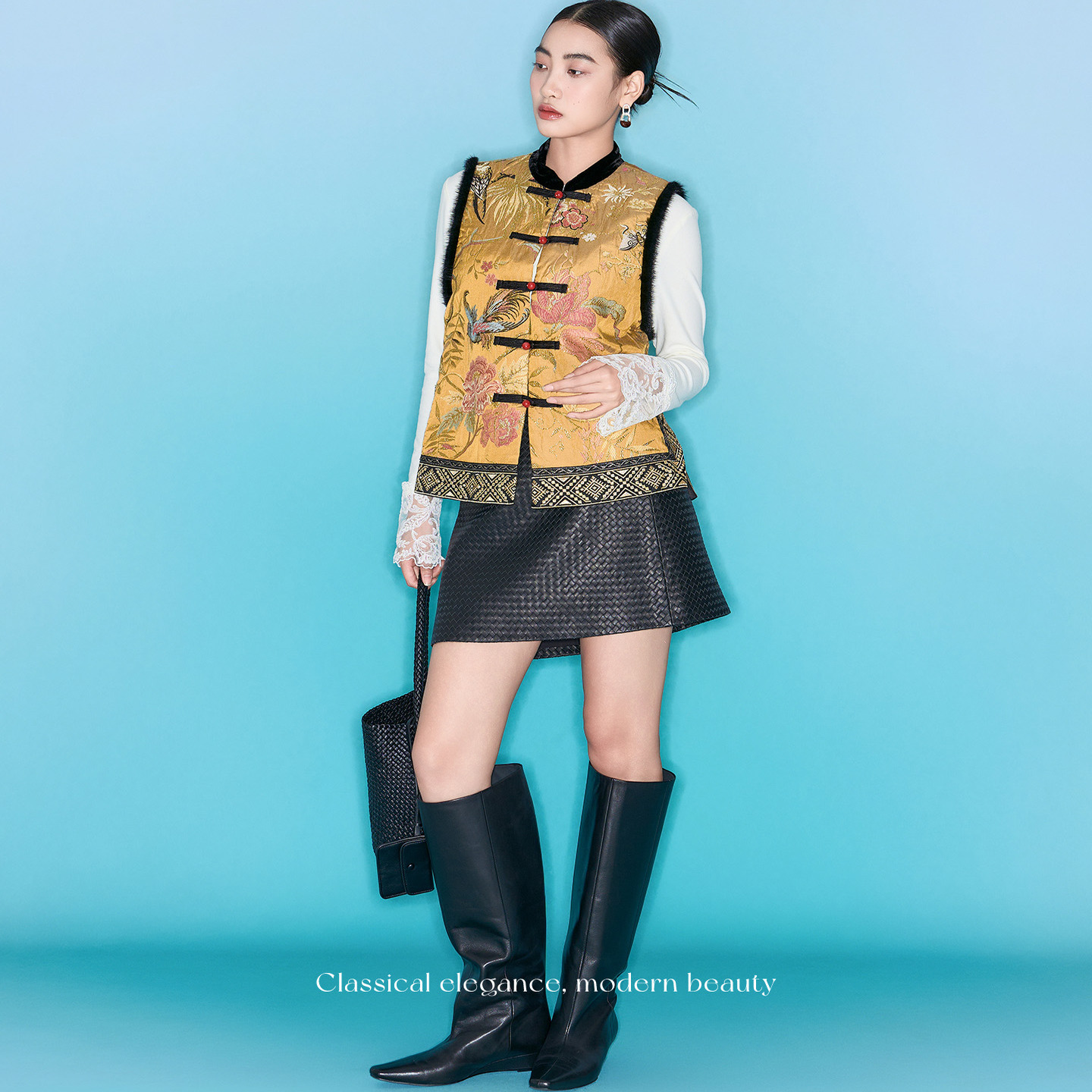 MNGATA G./曼加塔【黄白游】拼水貂毛桑蚕丝新中式秋冬马甲