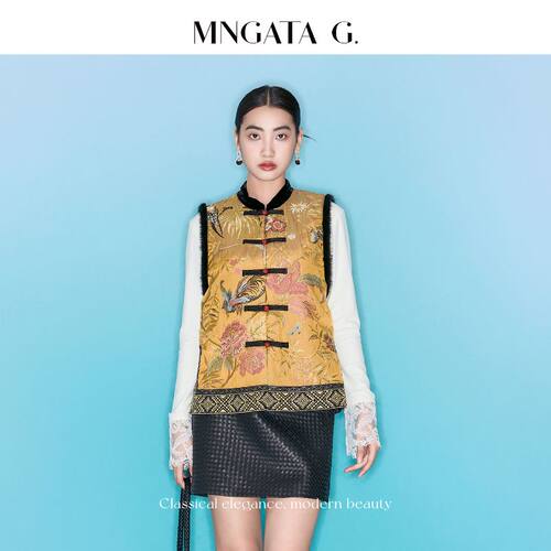 MNGATA G./曼加塔【黄白游】拼水貂毛桑蚕丝新中式马甲X280330