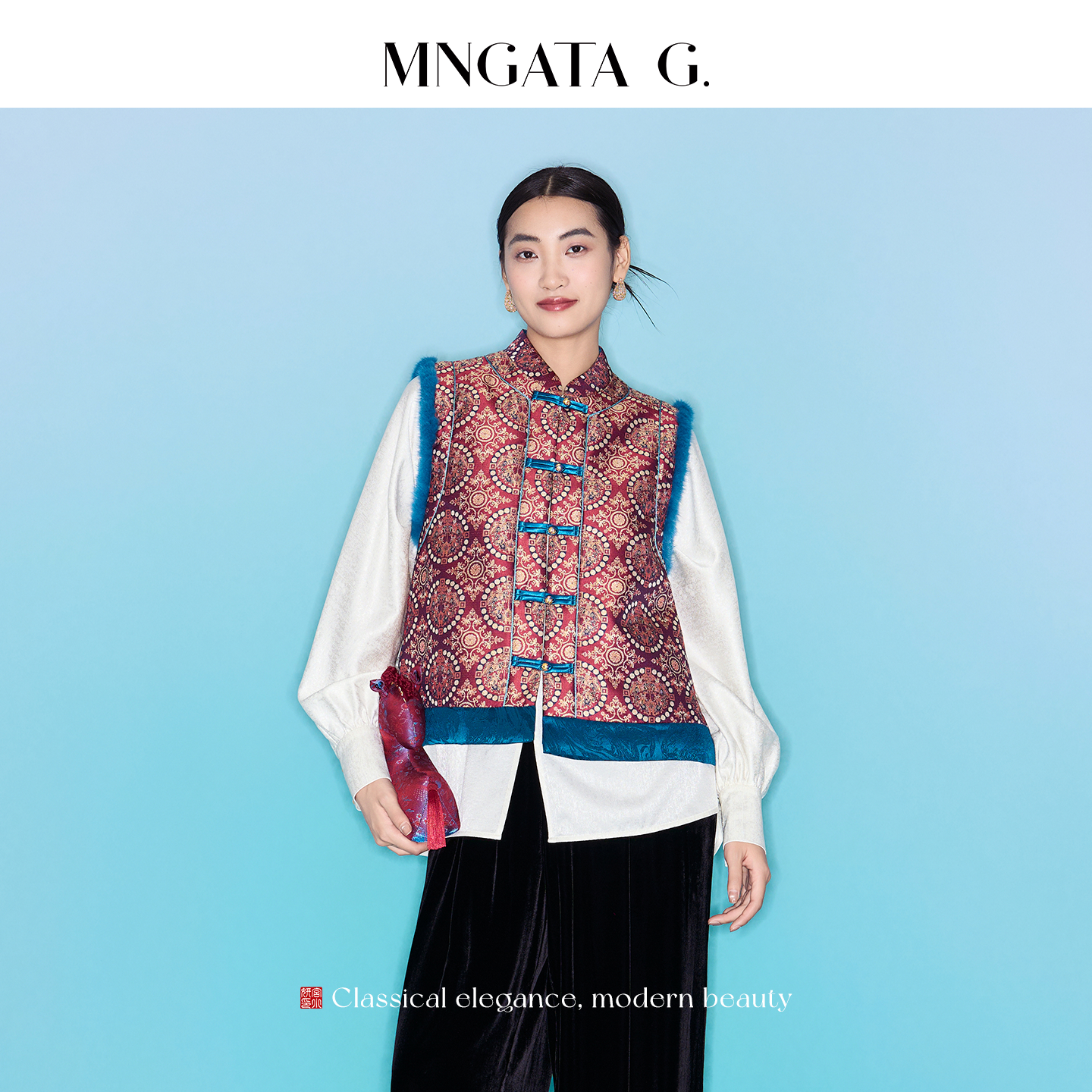 MNGATA G./曼加塔【水貂毛·狩猎纹】织锦新中式盘扣复古马甲