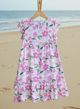 洋气凉快童装夏款儿童女童长款飞袖沙滩连衣裙宝宝绵绸碎花长裙子