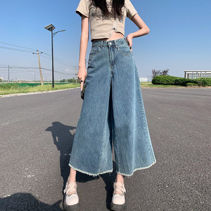 阔腿牛仔裤女九分夏季薄款高腰毛边宽松直筒小个子9分大裤脚裤子