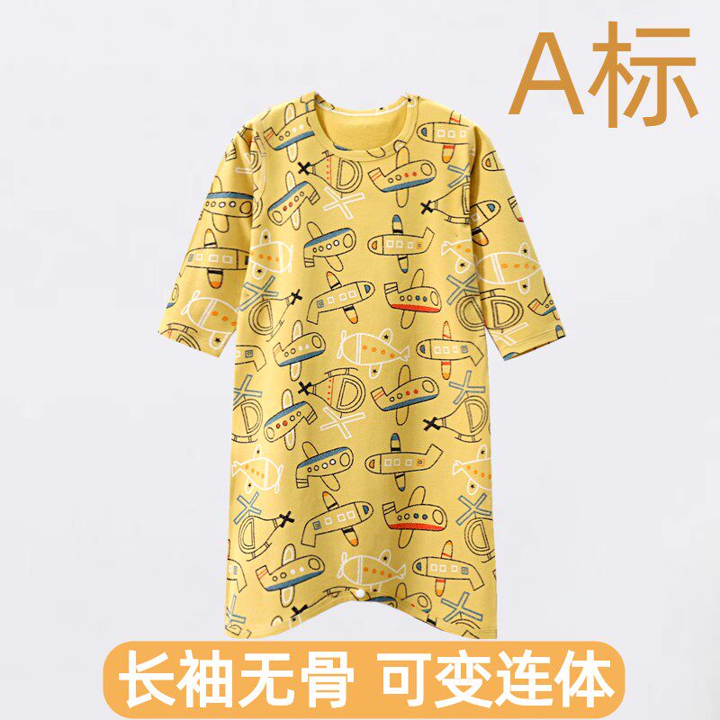 儿童连身睡衣纯棉宝宝睡袍长袖婴儿浴袍女家居春秋男童无骨睡裙冬