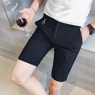 夏季条纹西装短裤男英伦休闲五分裤男韩版修身发型师薄款中裤男潮