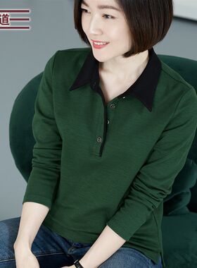 秋季妈妈中年纯棉女士宽松2021新款翻领竹节棉长袖t恤女装打底衫