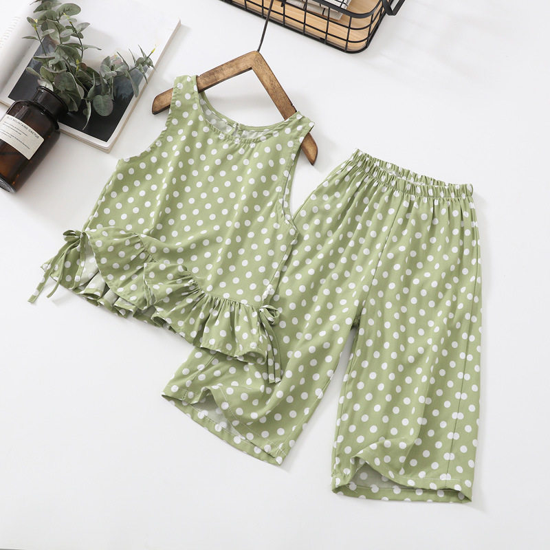 2021夏新款儿童绵绸女童波点度假裙裤两件套人造棉吊带七分裤套装