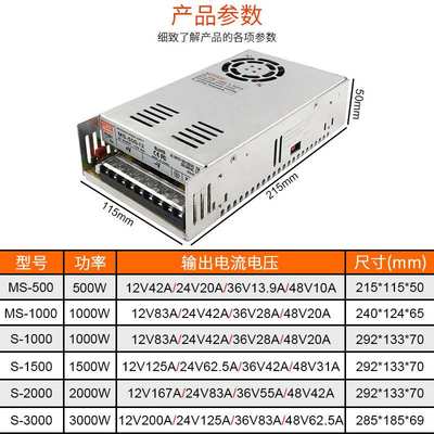 大功率开关电源S-1000W1500W2000W220V交流转24V可调稳压直流电源