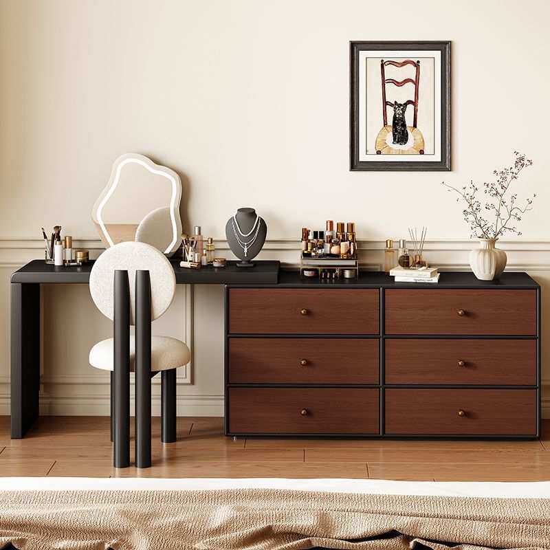 梳妆台斗柜一体卧室床尾收纳柜现代简约胡桃木色中古风实木化妆桌