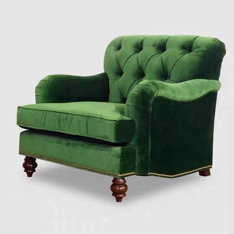 美式轻奢实木客厅布艺沙发墨绿色法式复古单人休闲椅酒店阳台单椅