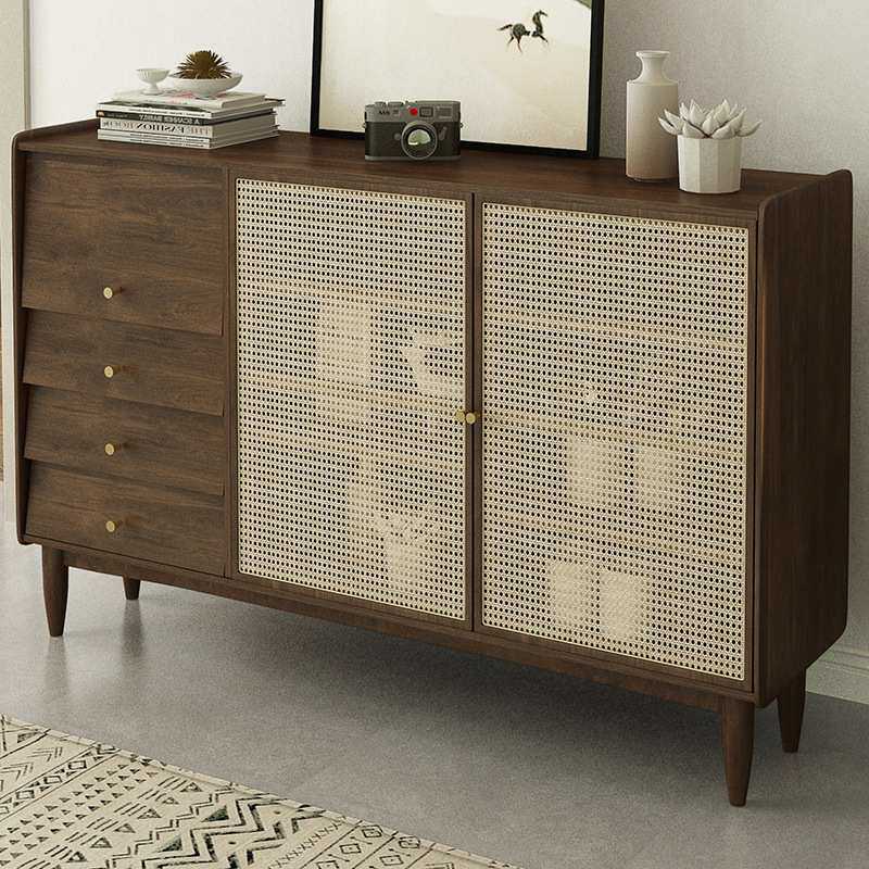 北欧实木餐边柜 家用客厅藤编收纳储物柜厨房日式碗柜茶水柜