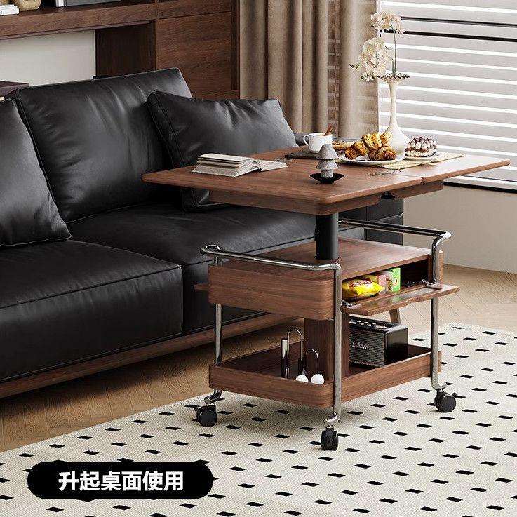 实木中古古风小推车客厅家用移动折叠复古带轮茶几小户型升降沙发