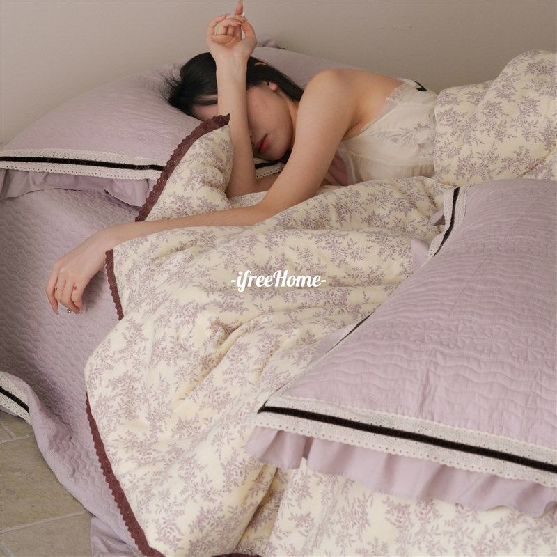 新款法式复古全棉绗缝床盖三件套纯棉荷叶花边夹棉床单碎花春秋被,床上用品,床盖,淘宝优惠券,粉丝福利购,淘宝优惠卷