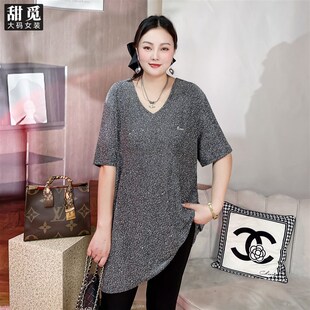 胖mm300斤烫钻闪银中长款 2025夏装 宽松显瘦V领T恤 女装 甜觅特大码