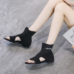 平底夹趾凉鞋女202n1夏韩版潮百搭弹力布套筒短靴时尚中筒马丁凉