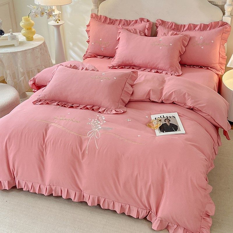 韩式公主风花边被套床裙四件套纯棉全棉少女亲肤裸睡刺绣被罩床单,床上用品,学生床品套件,淘宝优惠券,粉丝福利购,淘宝优惠卷