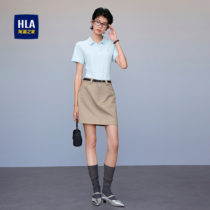 HLA/海澜之家翻领短袖POLO26春夏新清爽简约显瘦印花平纹珠地女装