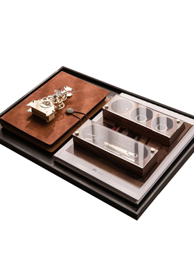 直销轻奢美式金属皮革托盘组合摆件样板间客厅茶几卧室飘窗装饰品