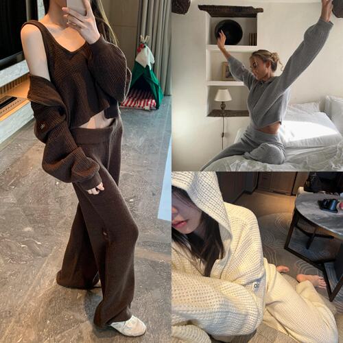 正品代购 山羊绒羊毛华夫格背心开衫外套裤子长裤休闲套装女款