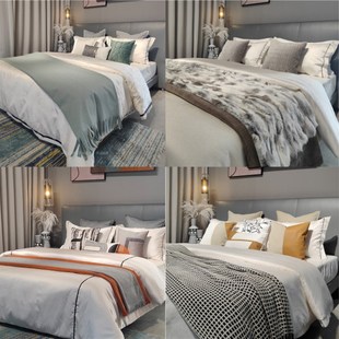 别墅展厅样板间床品 现代皮草高端床品多件套 家具卖场床上用品