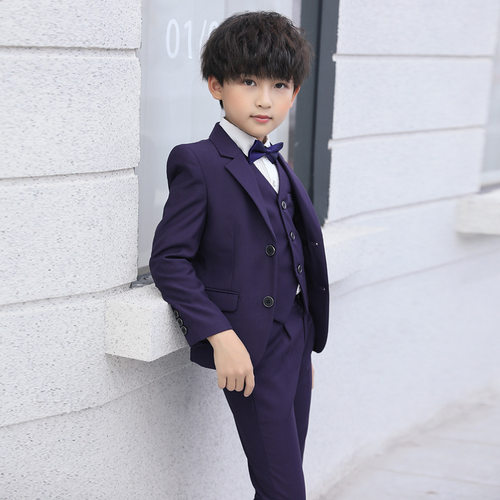 艾贝优儿童西装套装男童小西服四件套节目礼服男孩黑色双排扣高档