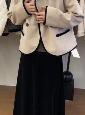 秋冬新款韩版撞色简约双面羊绒大衣女双排扣休闲通勤毛呢外套