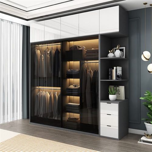 轻奢衣柜玻璃推拉门卧室现代简约家用经济滑移门衣橱组合收纳柜子