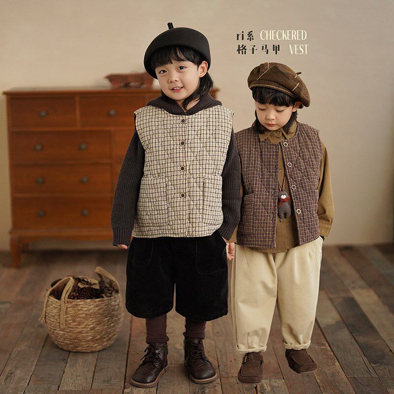 砚台家日系洋气儿童格子马甲男童夹棉背心男宝宝冬装坎肩上衣洋气