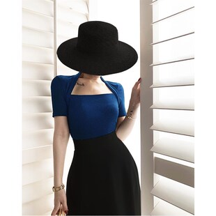 复古法式赫本风方领黑色修身短袖T恤紧身针织半袖锁骨上衣女夏季