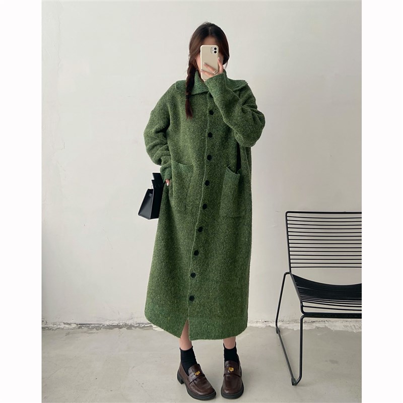 绿色超长款毛衣外套女2024冬季新款胖mm大码宽松开始针织连衣裙子图片