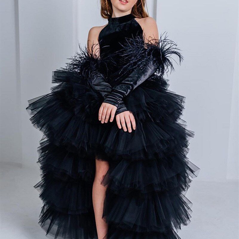 黑色高端儿童礼服生日模特走秀演出服前短后长拖地婚纱蛋糕公主裙