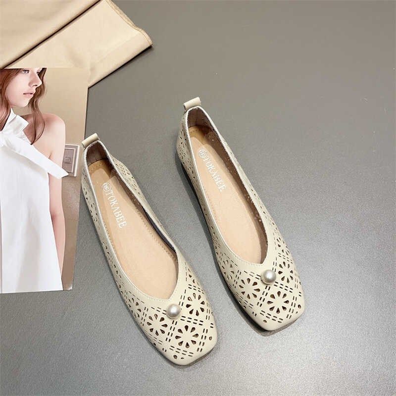 法式复古方头镂空单鞋女平底春夏季软皮粗跟中跟豆豆鞋透气奶奶鞋,女鞋,浅口单鞋,淘宝优惠券,粉丝福利购,淘宝优惠卷