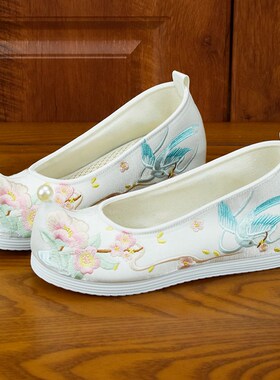 锦袍仙汉服鞋子古装民族风增高翘头履弓鞋平底古风宋制绣花鞋布鞋