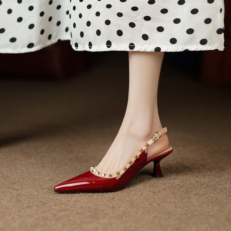 等屿 包头小猫跟凉鞋女夏季新款细跟尖头铆钉单鞋中跟漆皮高跟鞋,女鞋,时装凉鞋,淘宝优惠券,粉丝福利购,淘宝优惠卷