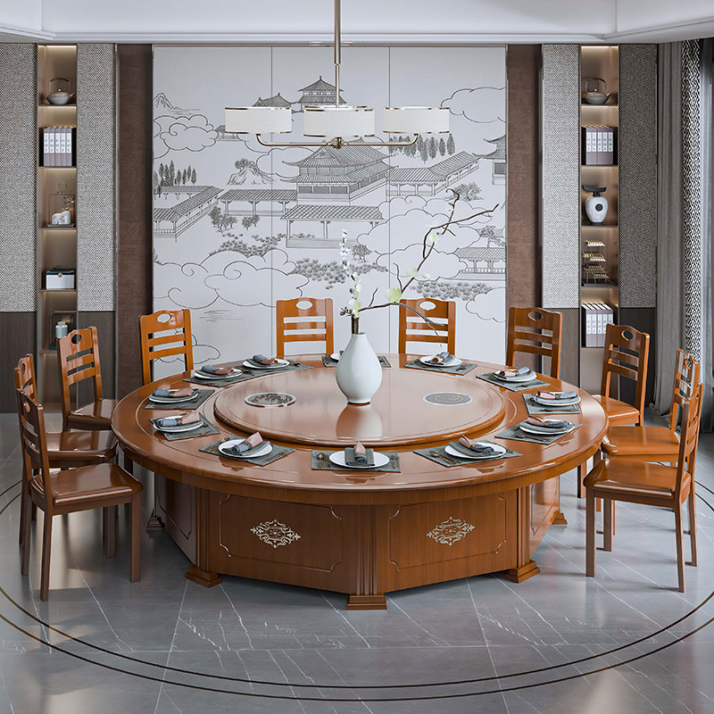 酒店餐桌电动大圆桌18人饭店宴会餐厅自动旋转中式实木20人火锅桌