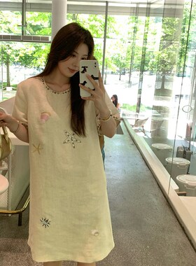 NAZ那子大码亚麻金丝彩石重工刺绣胖妹妹时尚短袖拼接直筒连衣裙