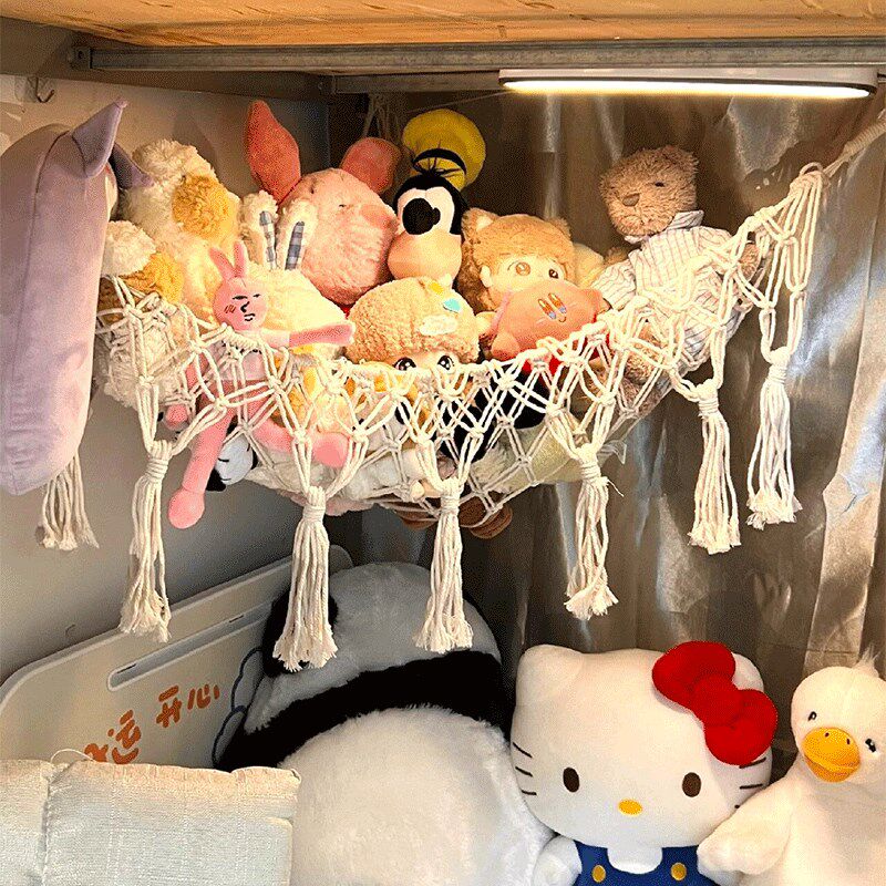 宿舍棉花娃娃收纳床上墙角吊篮编织棉绳装饰毛绒公仔三角秋千吊床图片