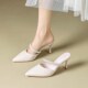 珍珠尖头懒人半托米白色中跟凉鞋 一脚蹬时尚 外穿包头拖女细跟法式